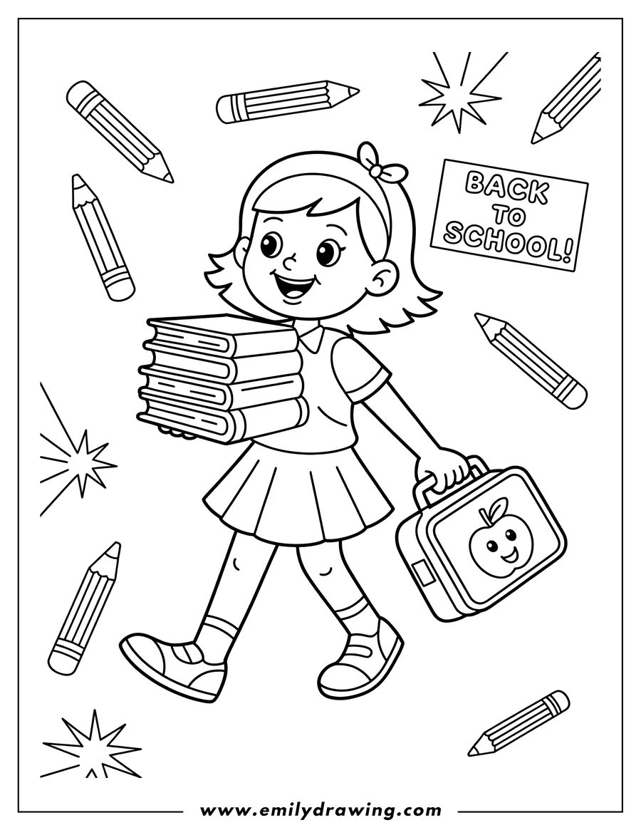 Line art of a girl walking to school, carrying books and a lunchbox decorated with an apple. Pencils and a 'Back to School' sign surround her.