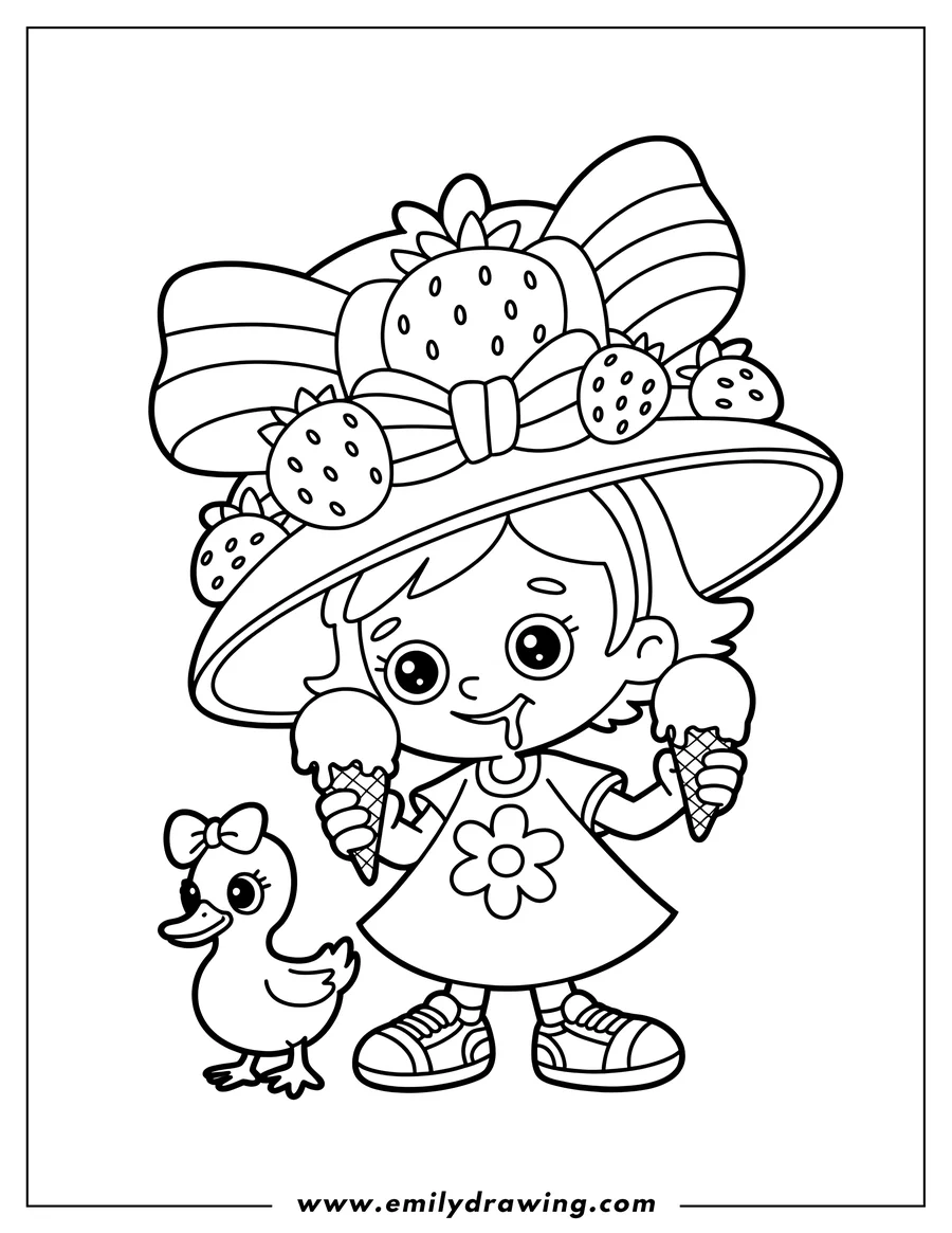 Line art of a girl wearing a large hat decorated with strawberries. She holds two ice cream cones and a small duckling stands beside her.