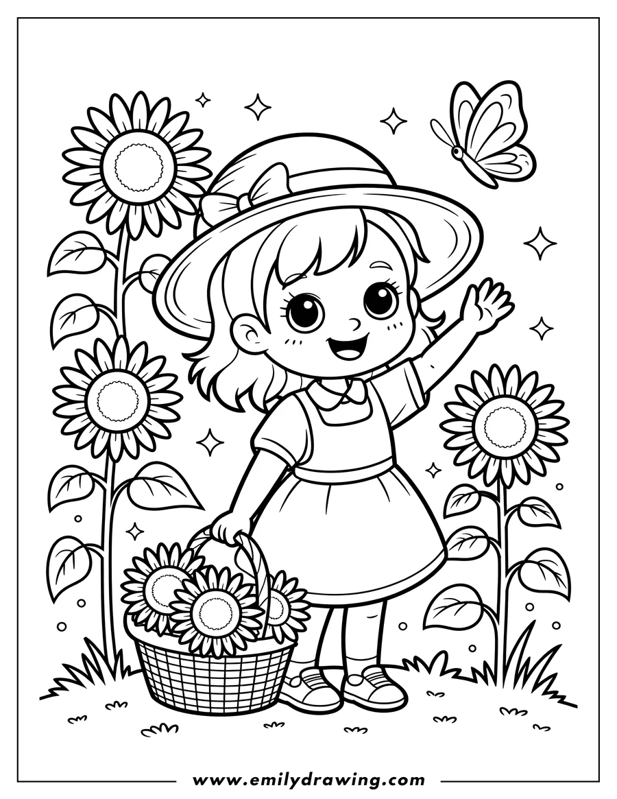 Line art of a smiling girl with a sun hat holding a basket of sunflowers.  She is surrounded by taller sunflowers and a butterfly flits nearby.
