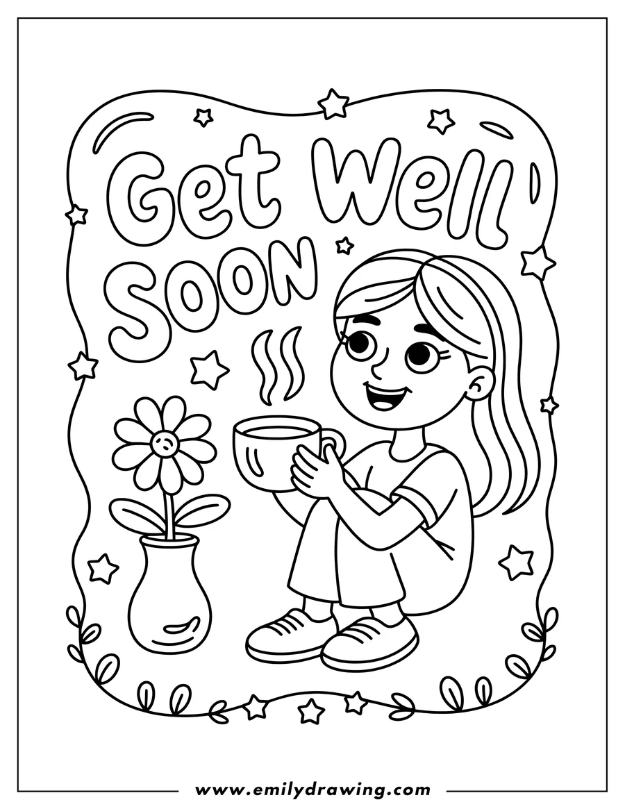 Line art of a smiling girl holding a steaming teacup. A single flower sits in a vase beside her. The words 