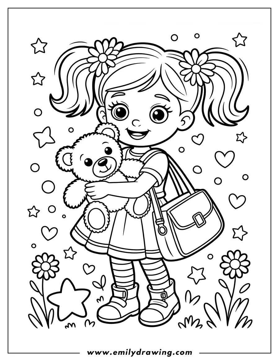 Line art of a young girl hugging a teddy bear, with a school bag over her shoulder. She has pigtails decorated with flowers and is wearing boots.