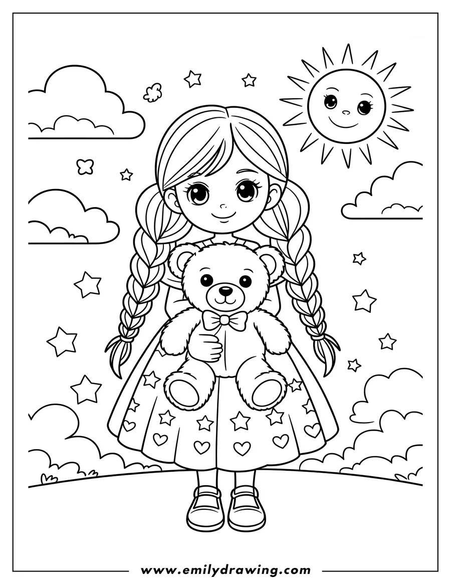 Line art of a young girl with braids holding a teddy bear. She's wearing a dress decorated with hearts and stars. Clouds, smaller stars, and a friendly sun fill the background.