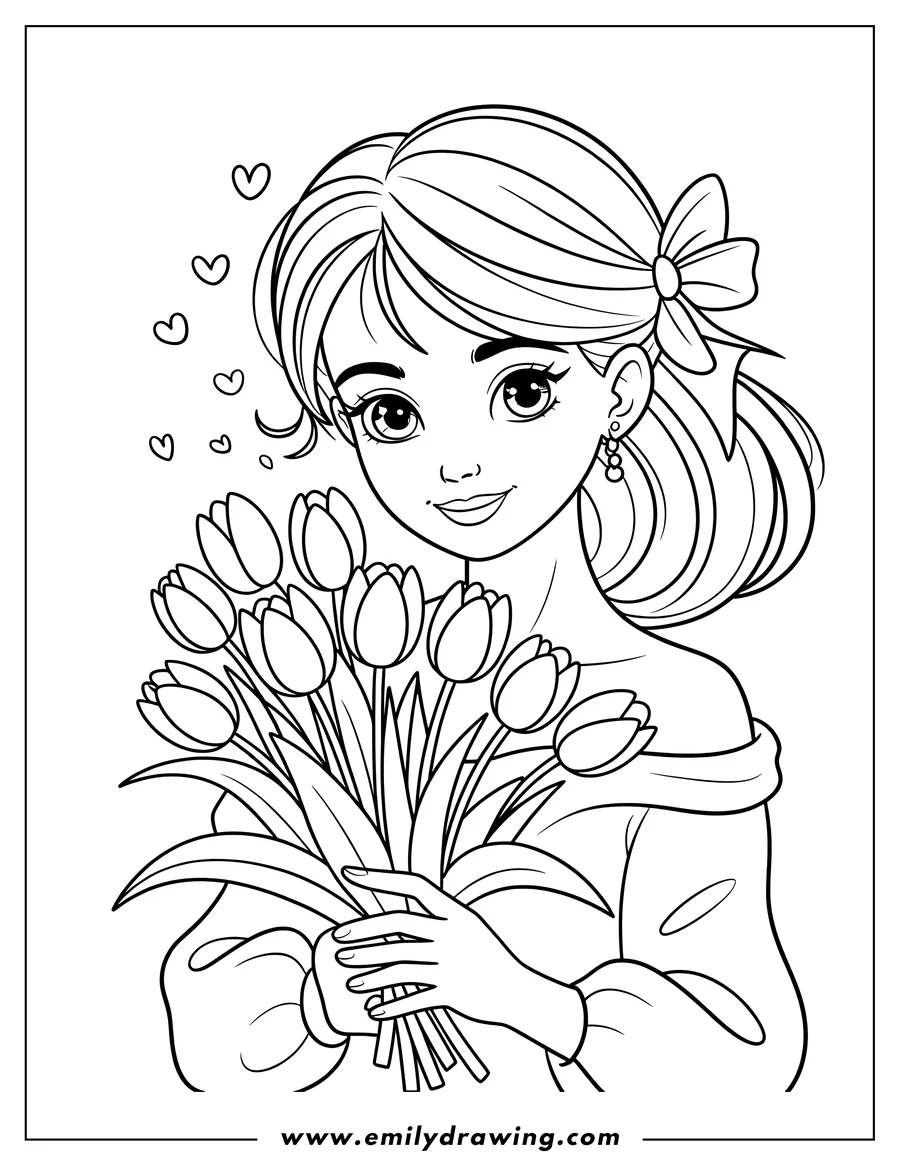 Line art of a girl holding a bouquet of tulips. She has a bow in her hair and is wearing earrings.