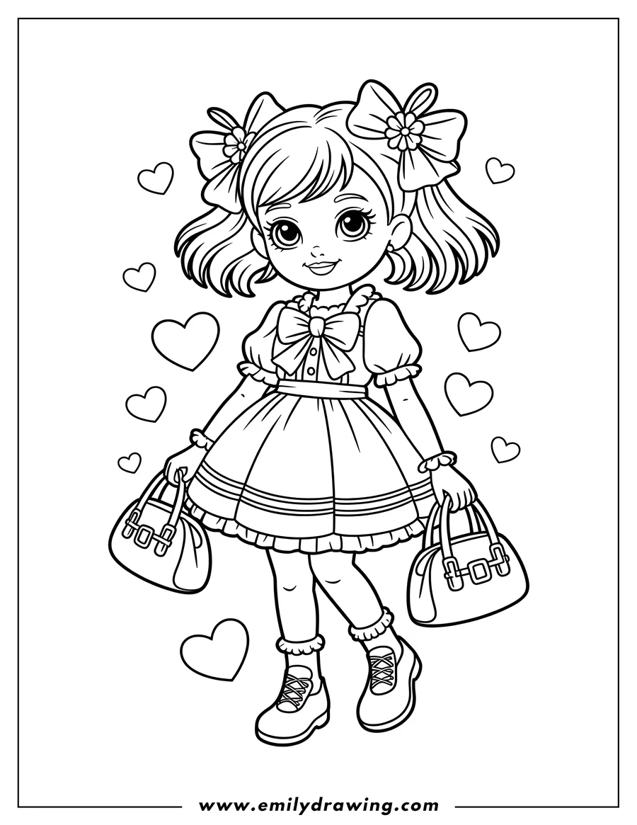 Line art of a girl holding two handbags. She wears a dress with bows and boots. Hearts float around her.