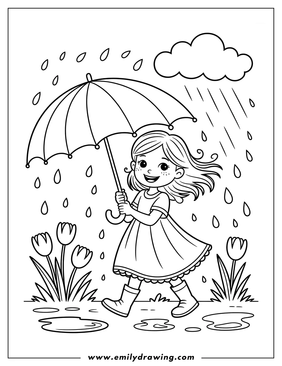 Line art of a girl with rain boots and an umbrella walking in the rain. There are tulips and rain puddles around her.