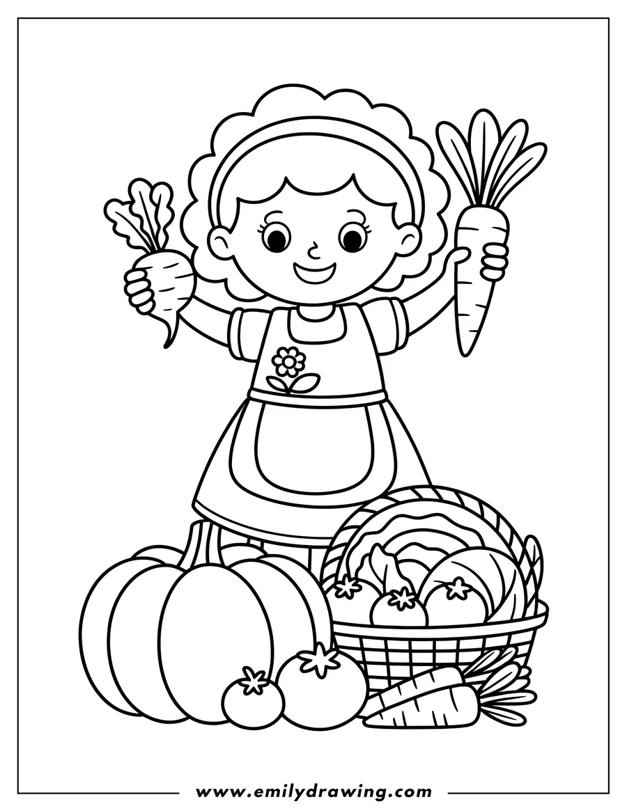 Line art of a girl holding a carrot and a beet, with a basket of vegetables including a pumpkin, tomatoes, carrots, and cabbage.
