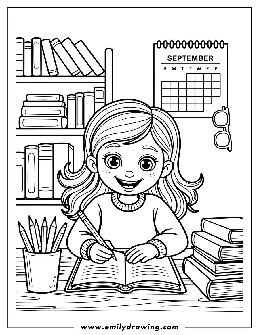 Outline of a girl writing in a notebook at her desk. She's surrounded by books, pencils, and a September calendar.