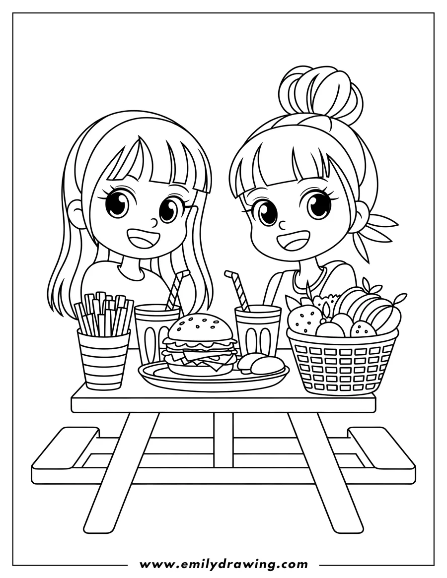 Two girls sitting at a picnic table with a basket of fruit, a burger, fries, and drinks.