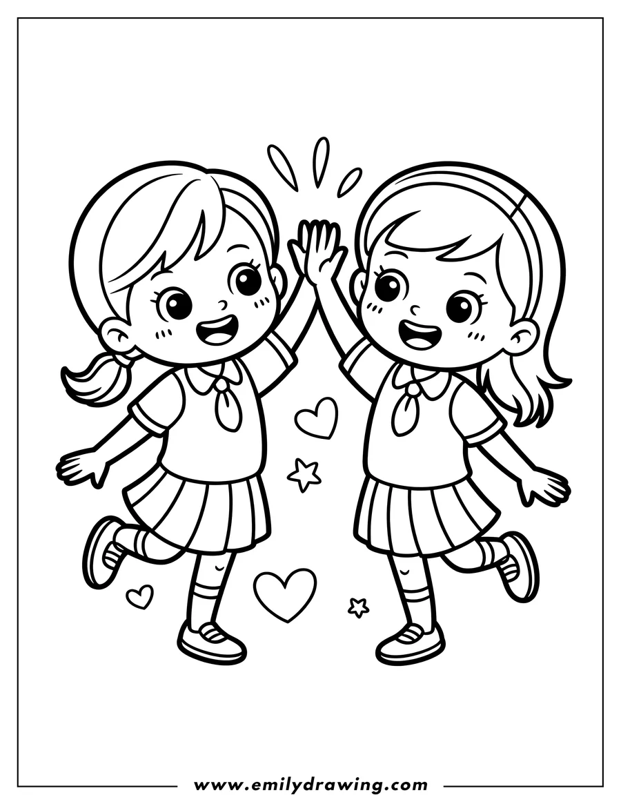 Two cheerful girls giving a high five. Hearts and stars surround them.