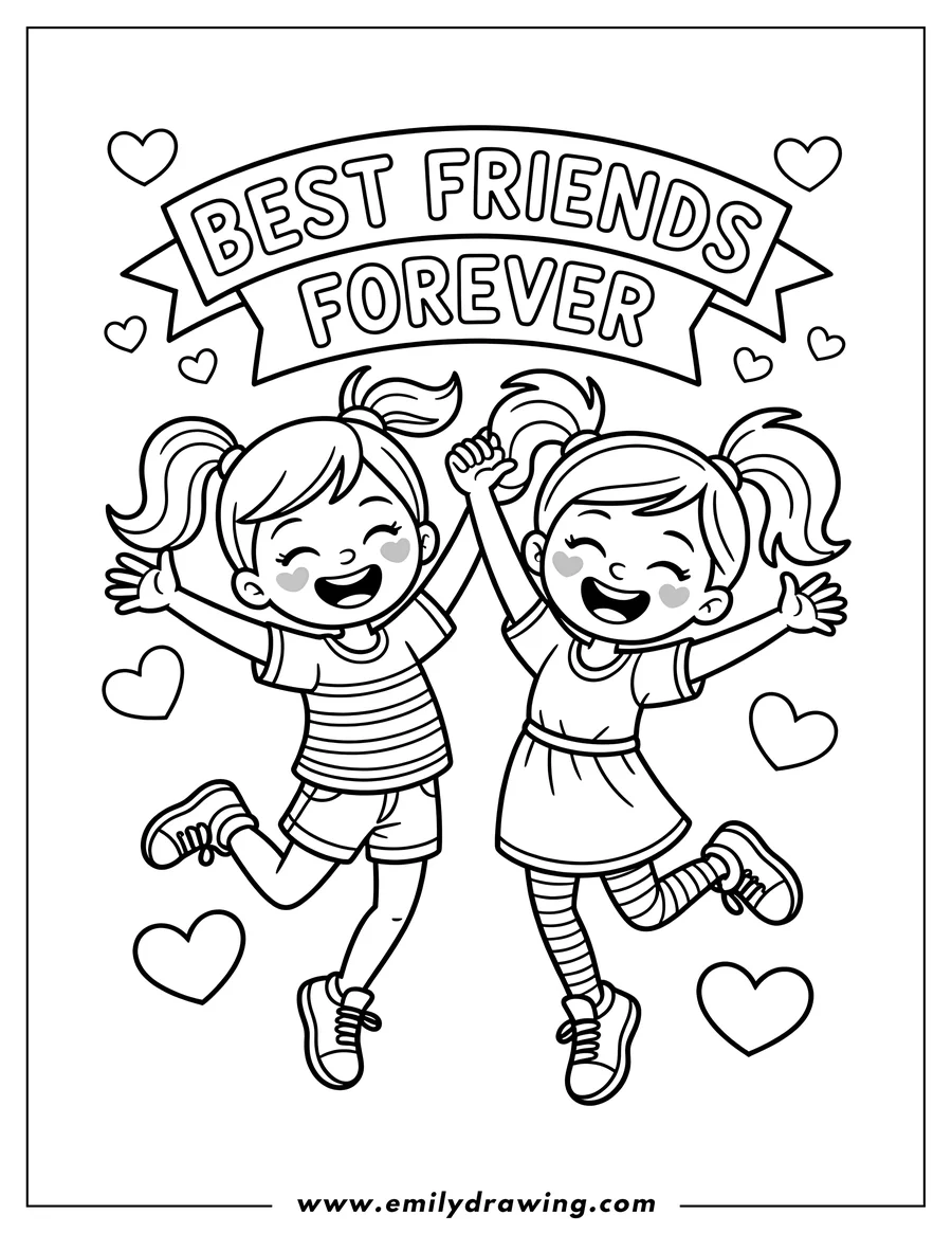 Two girls holding hands, jumping joyfully with a banner reading