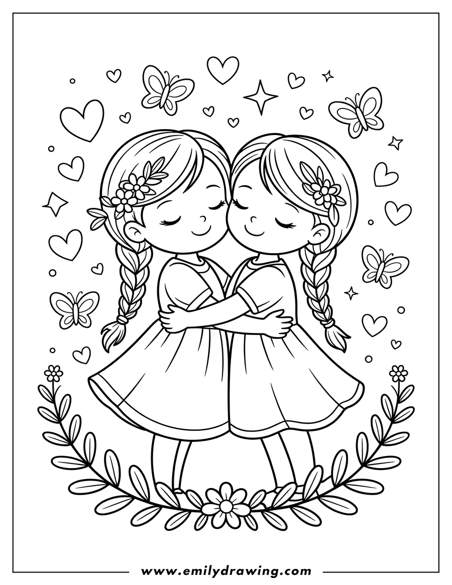 Line art of two young girls with braids and flowers in their hair, hugging each other. Butterflies and hearts decorate the background.