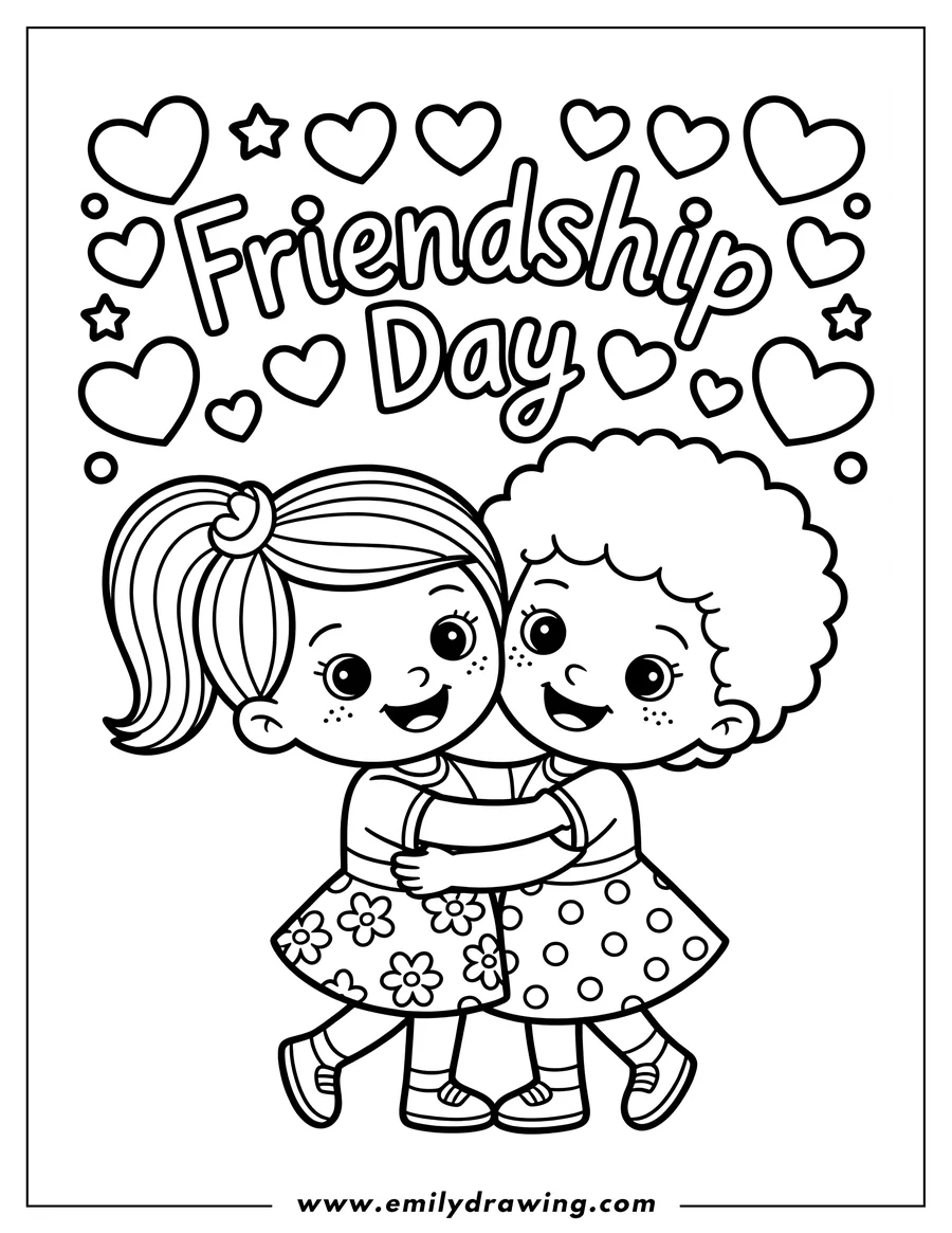 Line art of two young girls hugging, celebrating Friendship Day. One girl has a ponytail, and the other has curly hair. They're both wearing dresses and smiling happily.