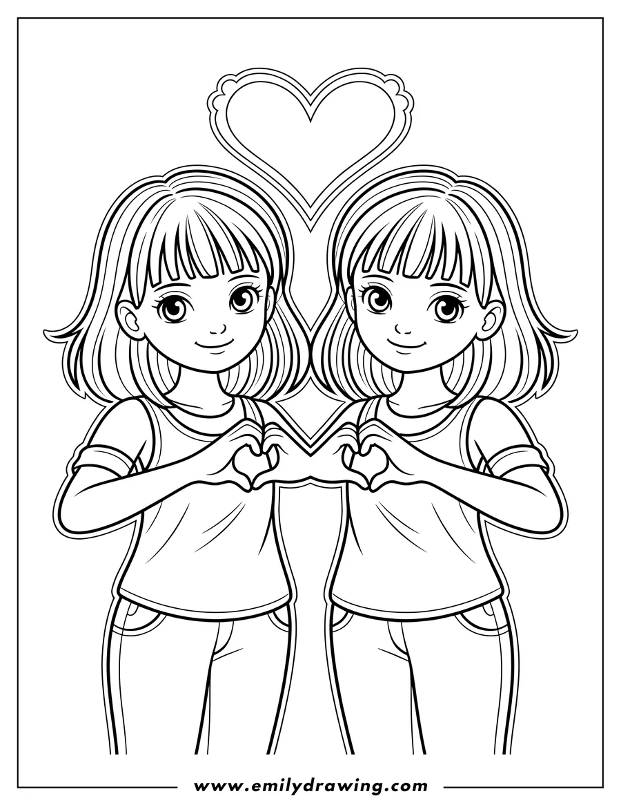 Two girls making a heart shape with their hands. There's a heart outline above them.