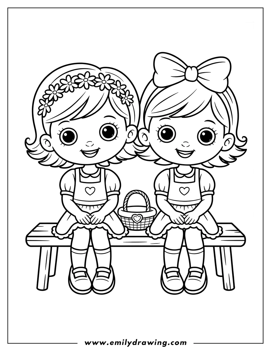 Outline of two girls sitting on a bench with a picnic basket between them. One girl wears a flower crown, and the other has a bow in her hair.