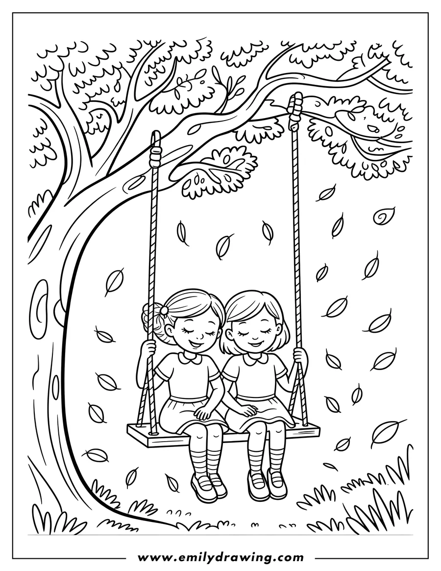 Two girls sitting together on a swing hanging from a tree, with leaves gently falling around them.