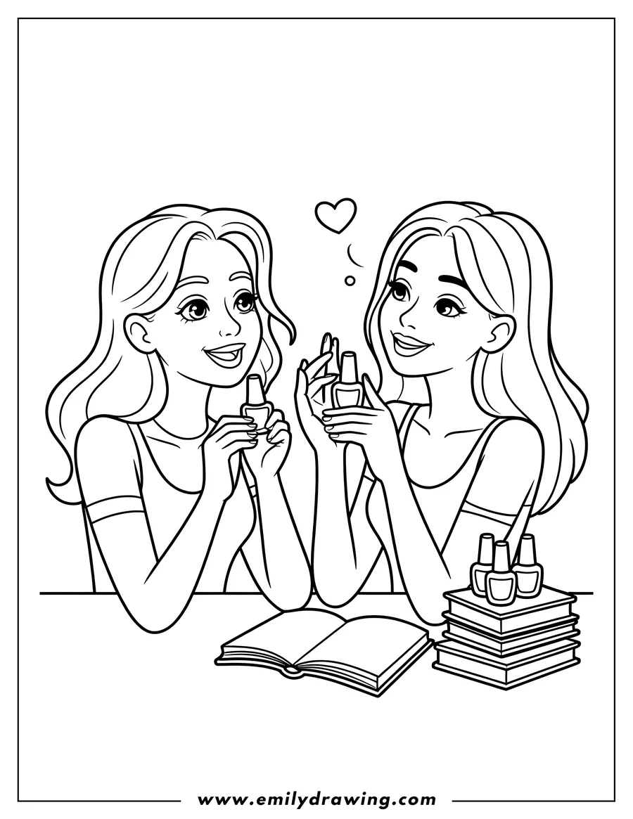 Two girls painting their nails. Nail polish bottles and a book sit on the table.
