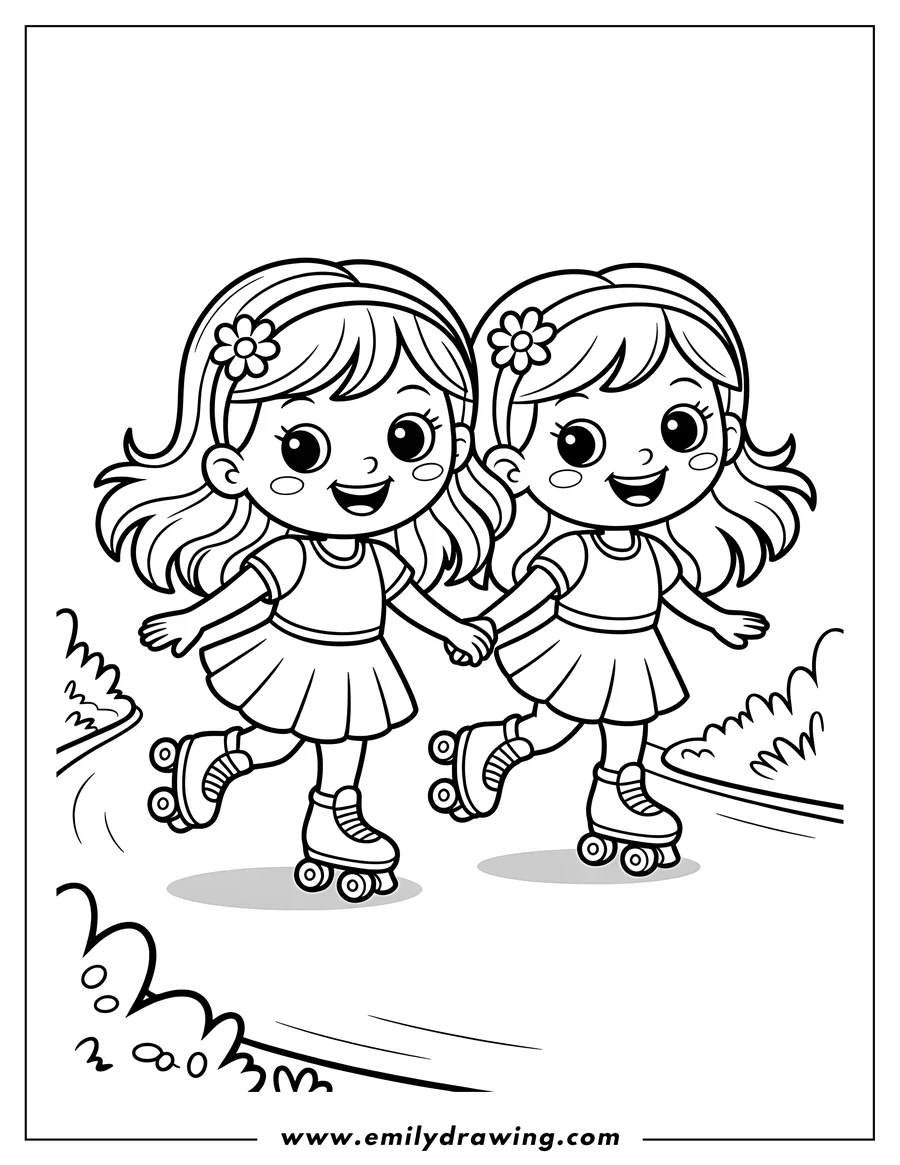 Two girls holding hands while roller skating. They both have flowers in their hair.