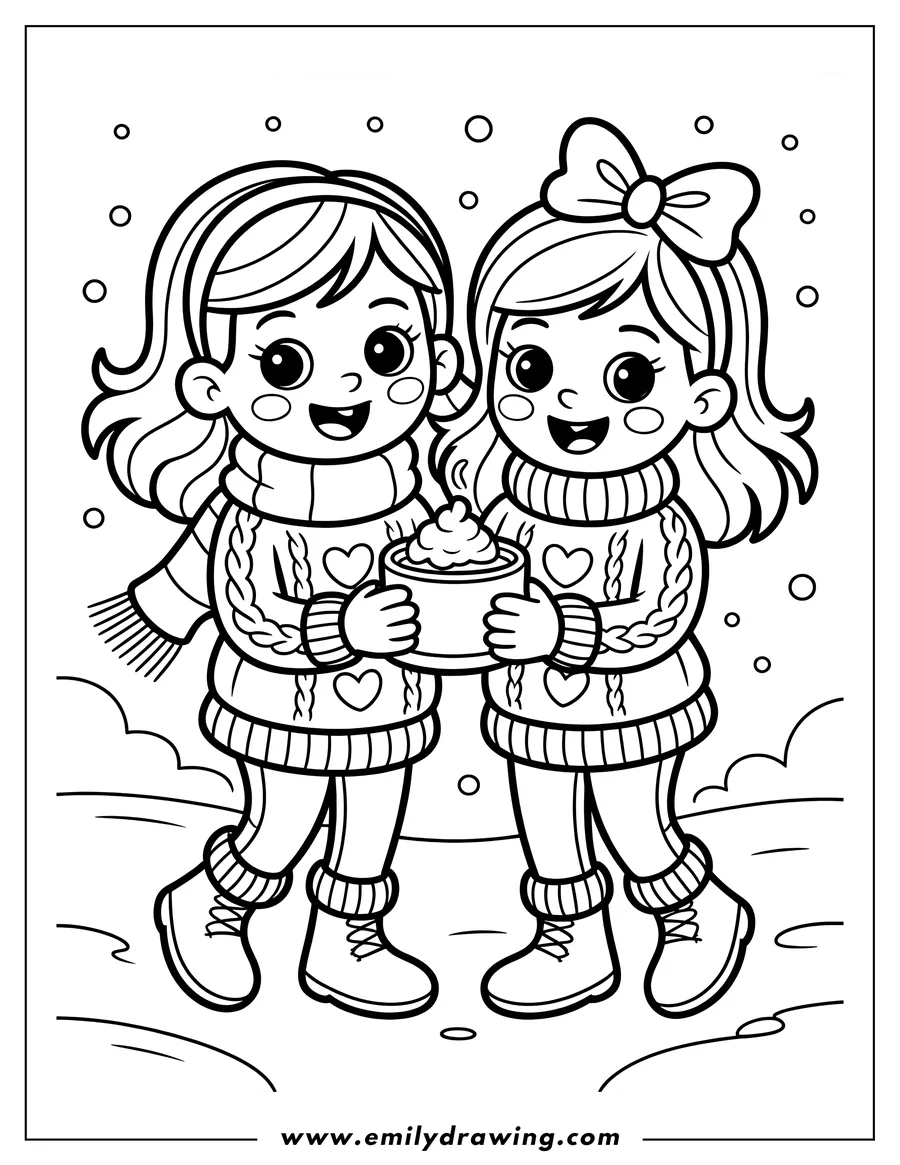 Two girls wearing winter clothes and holding a mug of hot chocolate.