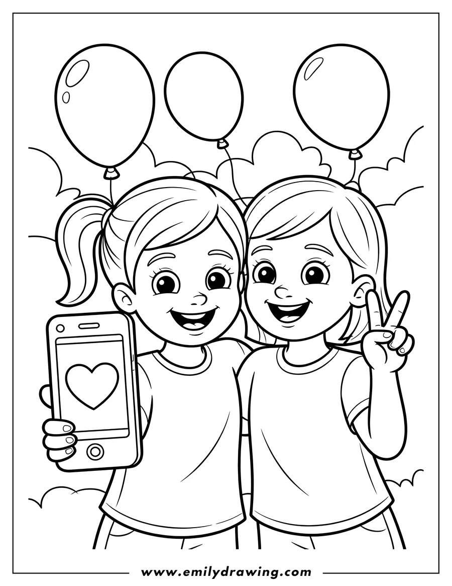 Two girls taking a selfie with a phone. One holds the phone displaying a heart, the other makes a peace sign. Balloons float in the background.