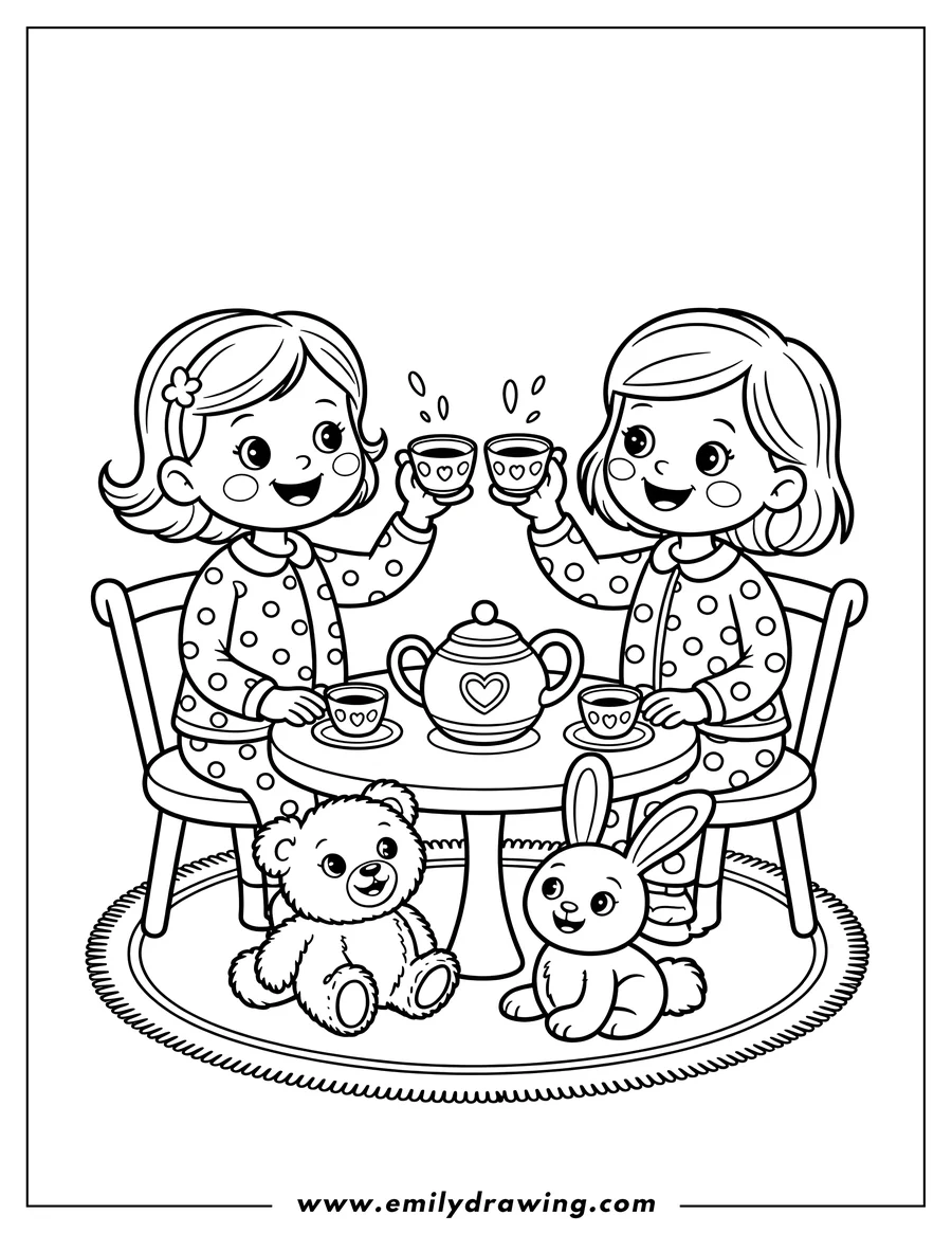 Two young girls enjoy a tea party, clinking their cups together. A teddy bear and a bunny sit at their feet, watching.