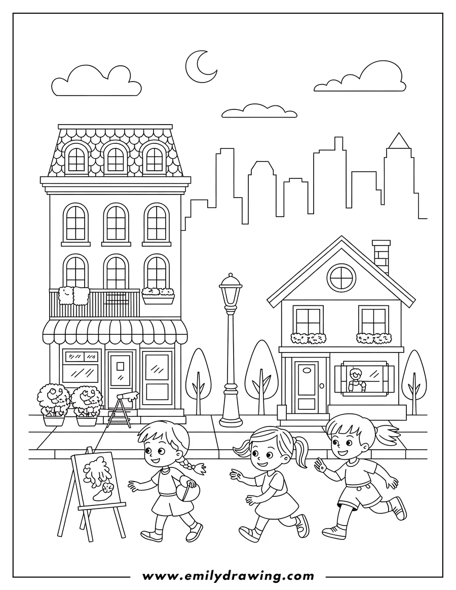 Outline of three girls walking down a city street. One girl carries art supplies, another has her arms out, and the third is running. There are buildings, trees, and a street lamp along the sidewalk.