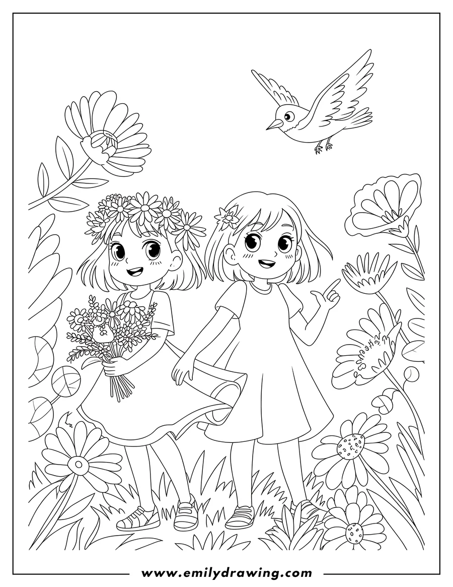 Two young girls with flower crowns in a field of flowers. One girl holds a bouquet, and the other points at a small bird flying above.