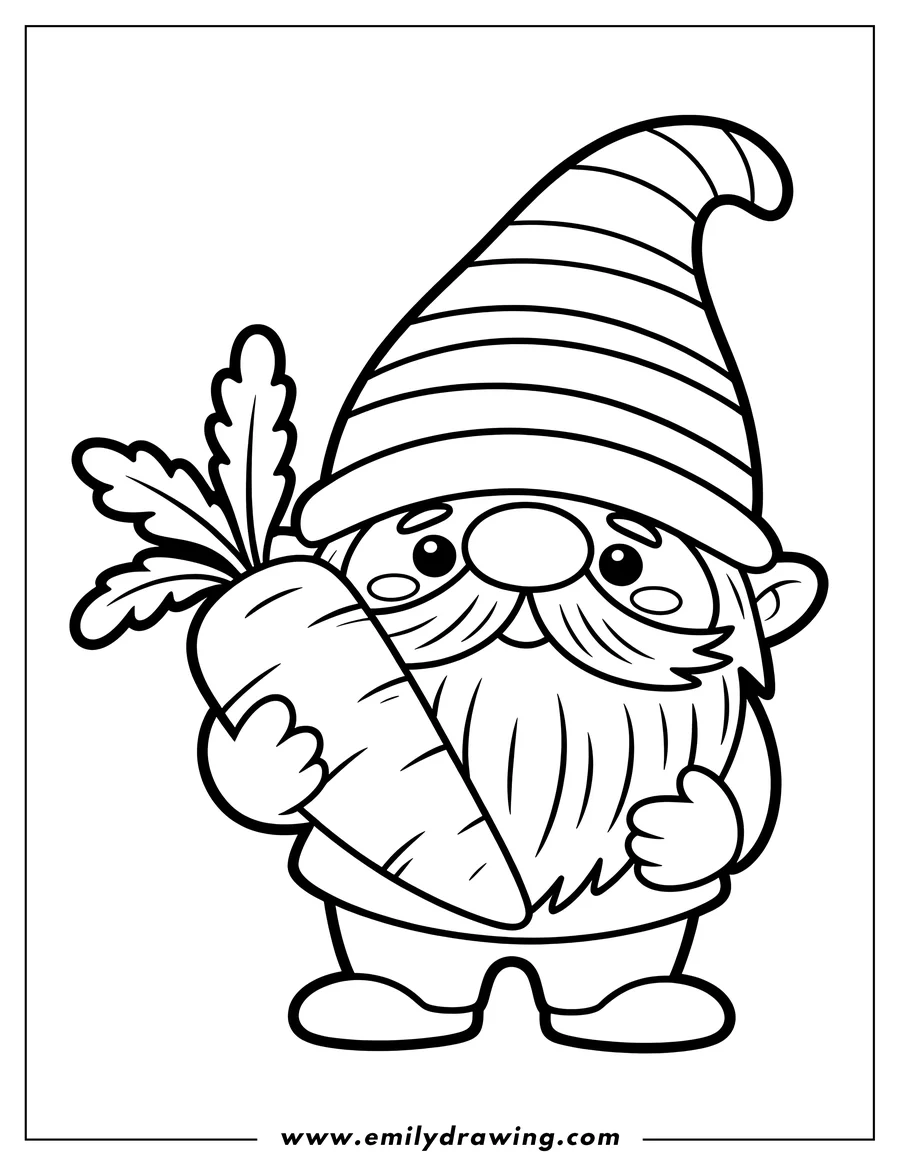 Line art of a cheerful gnome holding a large carrot. He has a striped hat and a long beard.