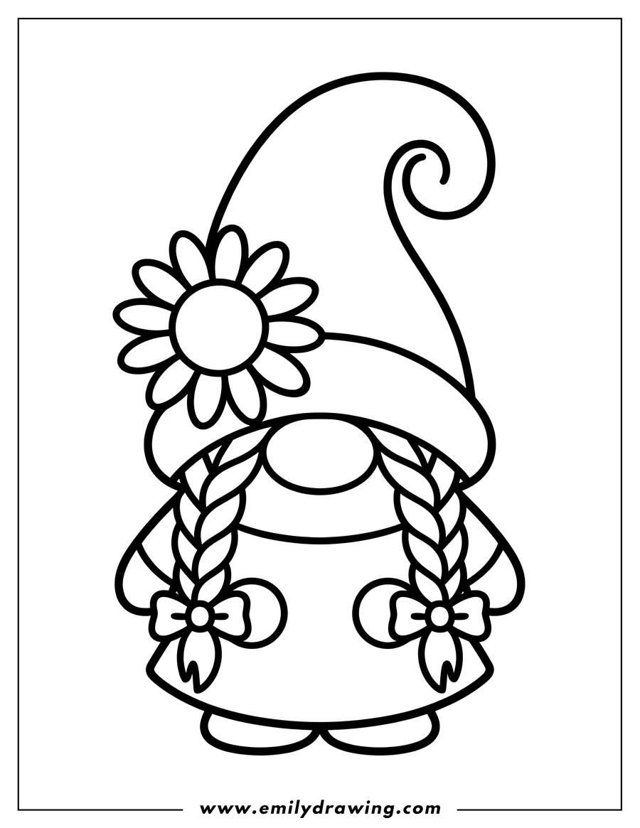 Outline of a gnome wearing a tall hat with a flower tucked into it. The gnome has long braided hair tied with bows.