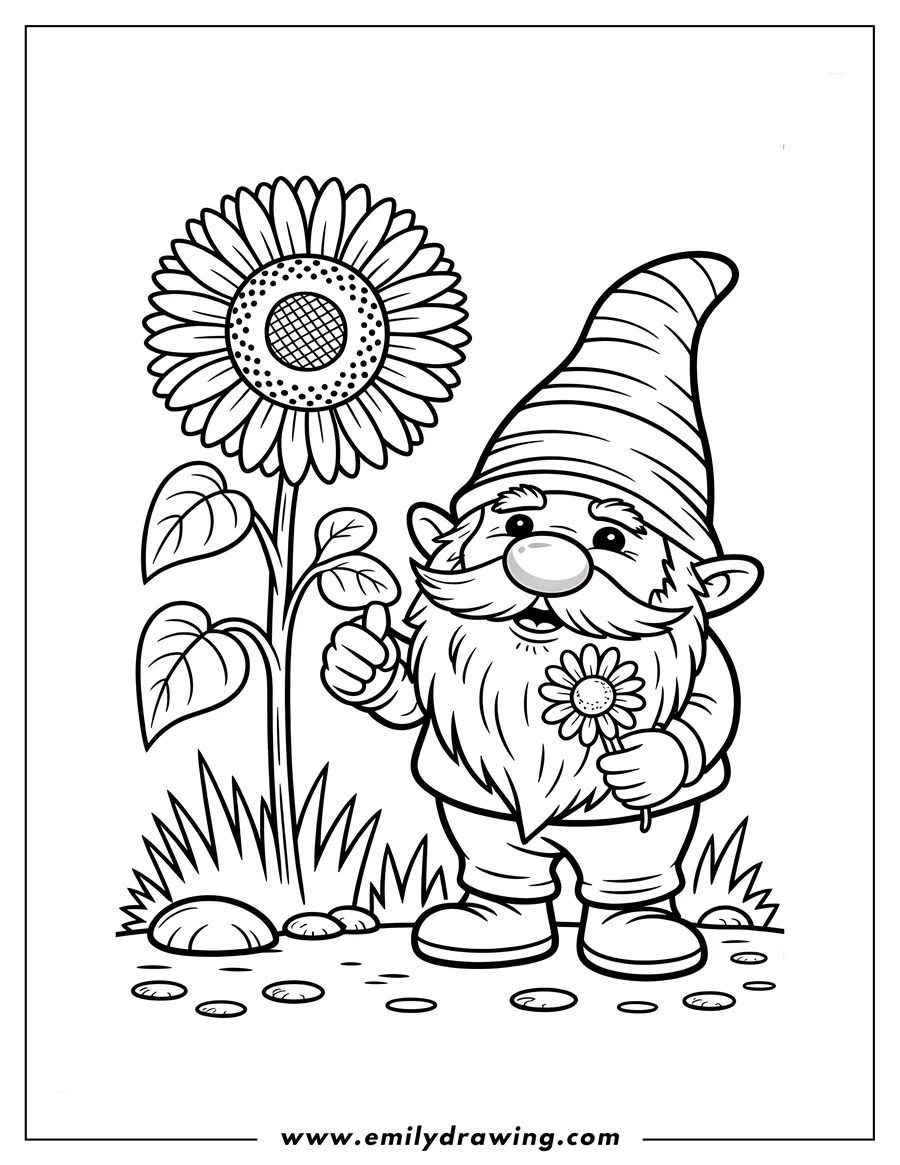 Line art of a cheerful gnome holding a small flower, standing next to a tall sunflower.  He appears to be admiring the sunflower.