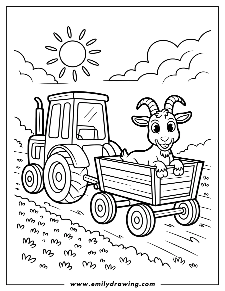 Outline of a goat riding in a wagon pulled by a tractor. The sun is shining and there are bushes in the foreground.