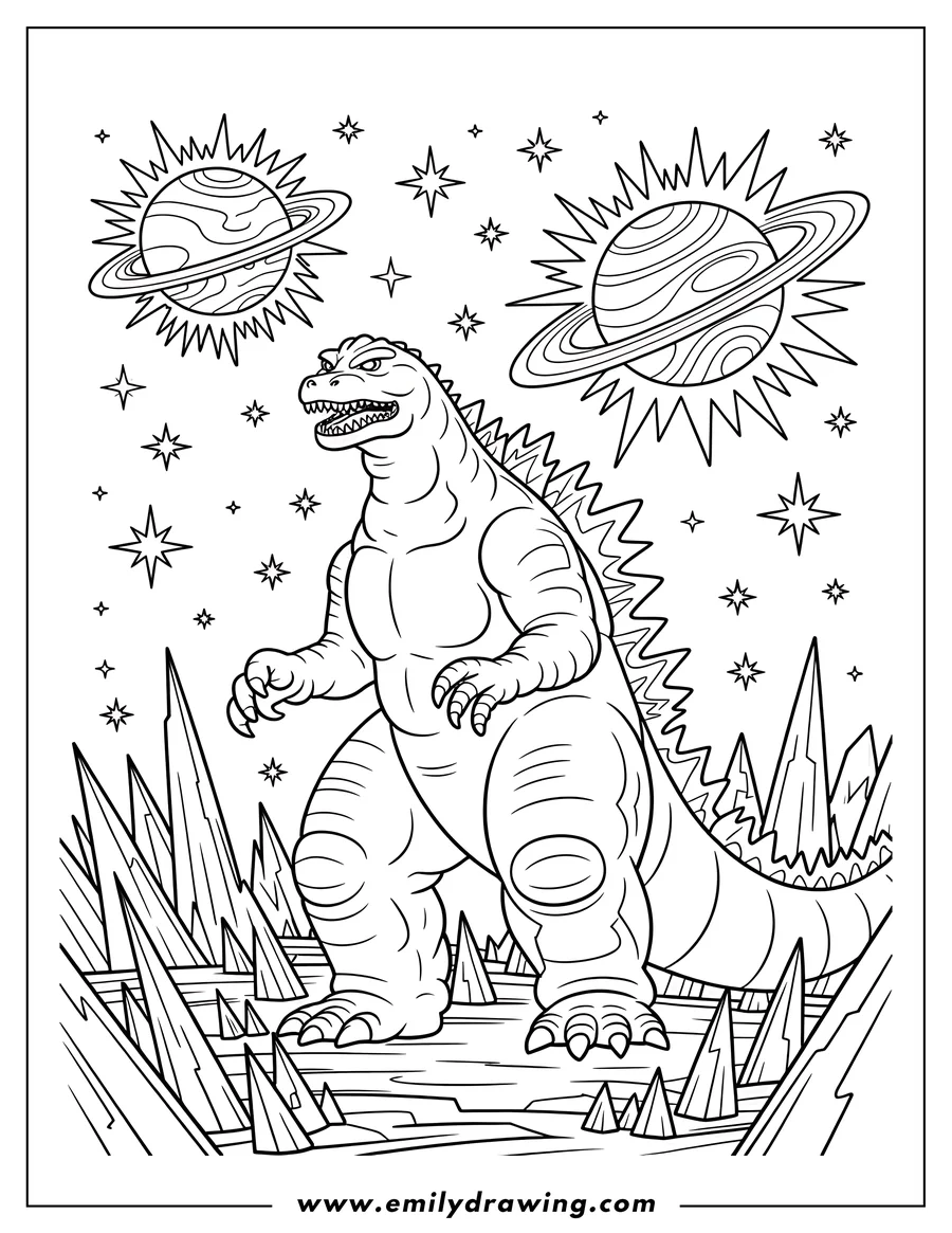 Line art of Godzilla standing on a rocky alien planet surface with two stylized planets and stars in the background.
