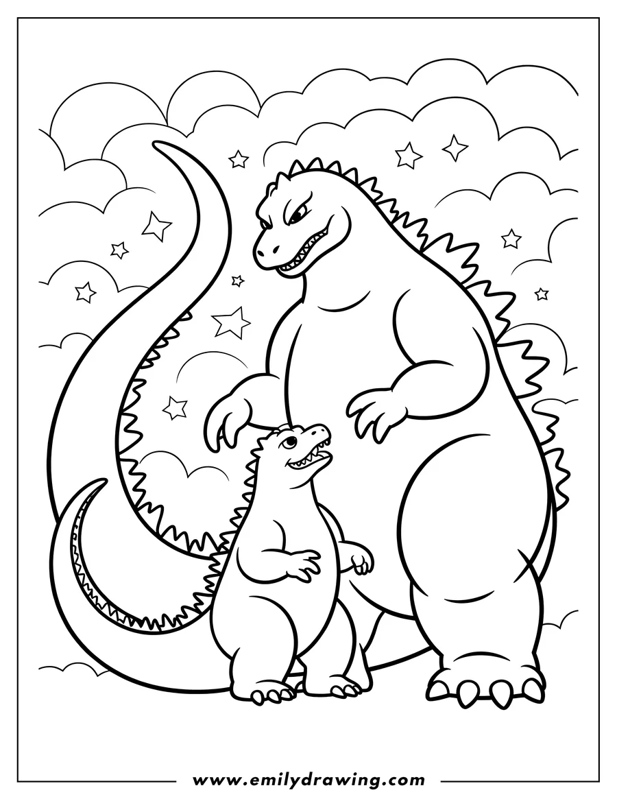 Line art of Godzilla and a smaller, baby Godzilla standing together. They are surrounded by stylized clouds and stars.