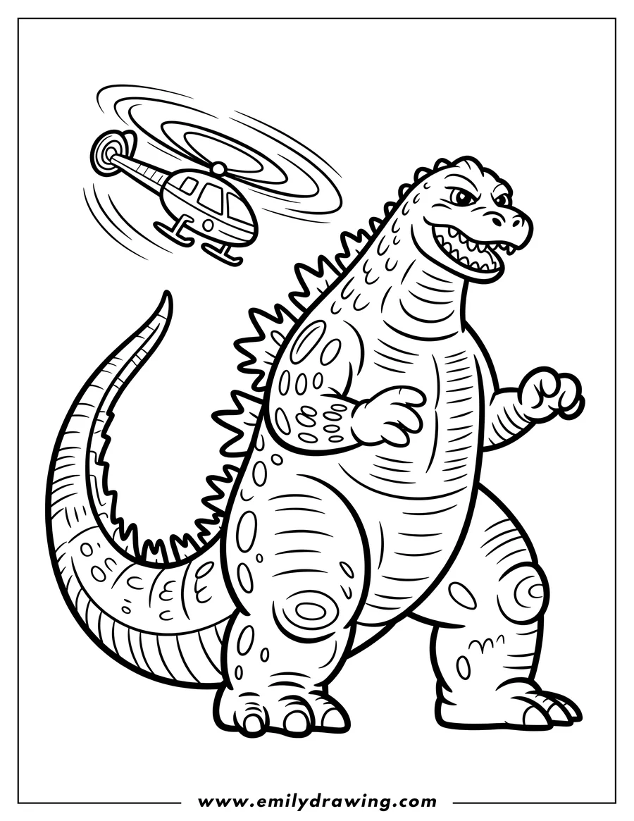 Line art of Godzilla with a helicopter hovering above. Godzilla is large, reptilian, and stands on two legs with a spiked tail and dorsal fins. The helicopter appears small in comparison.