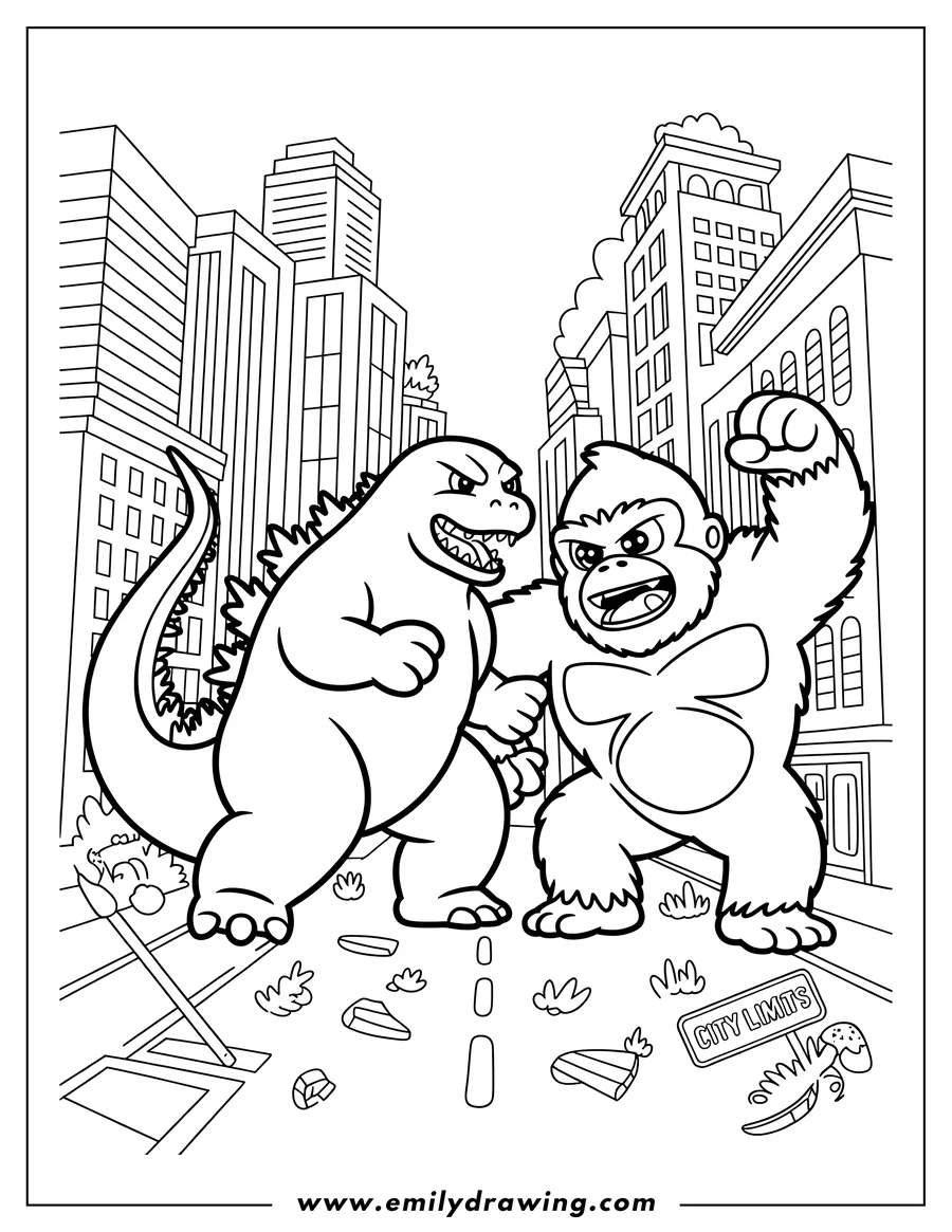 Outline of Godzilla and King Kong facing off in a city. Buildings are visible in the background, and debris litters the street.