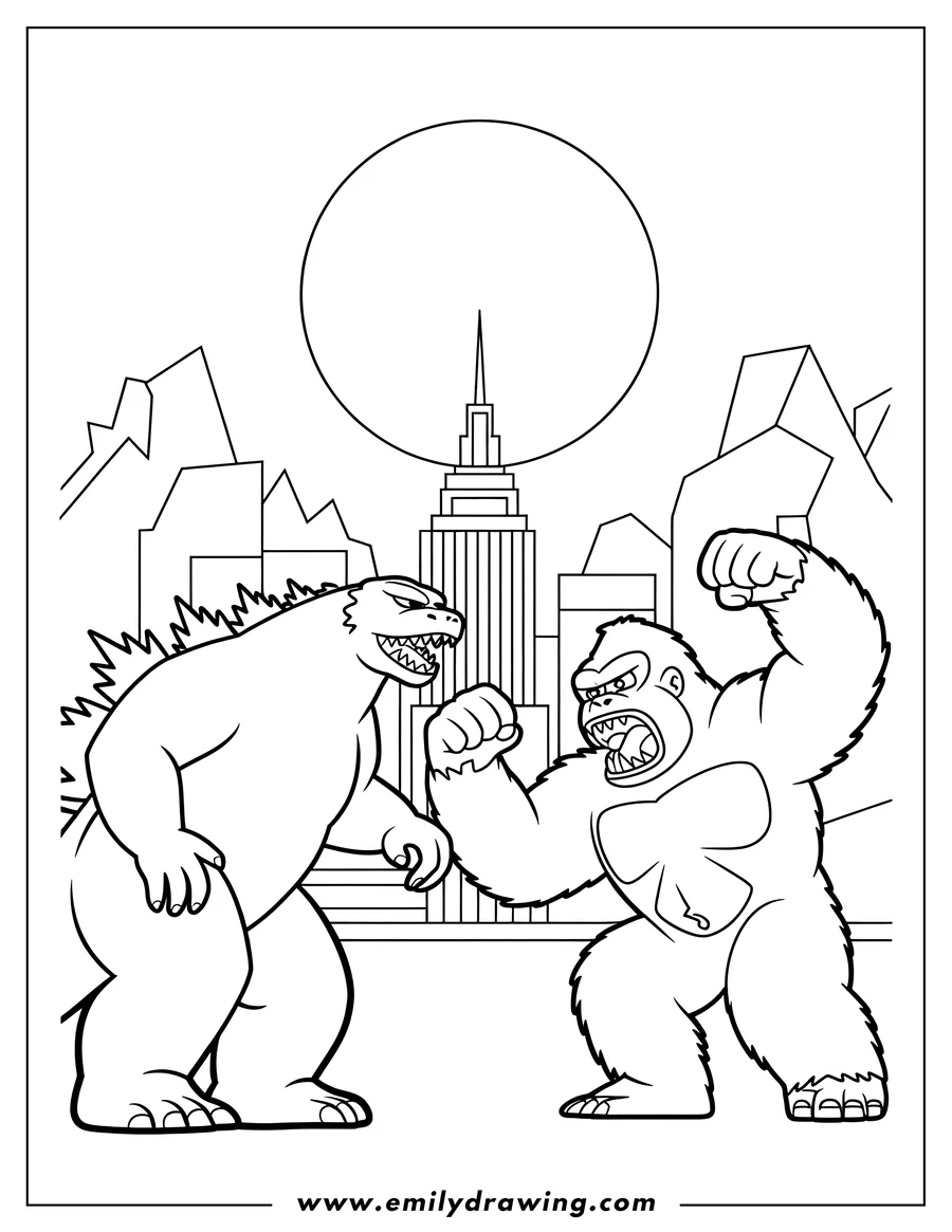 Line art of Godzilla and King Kong facing off, ready to fight in a city with a large building in the background.