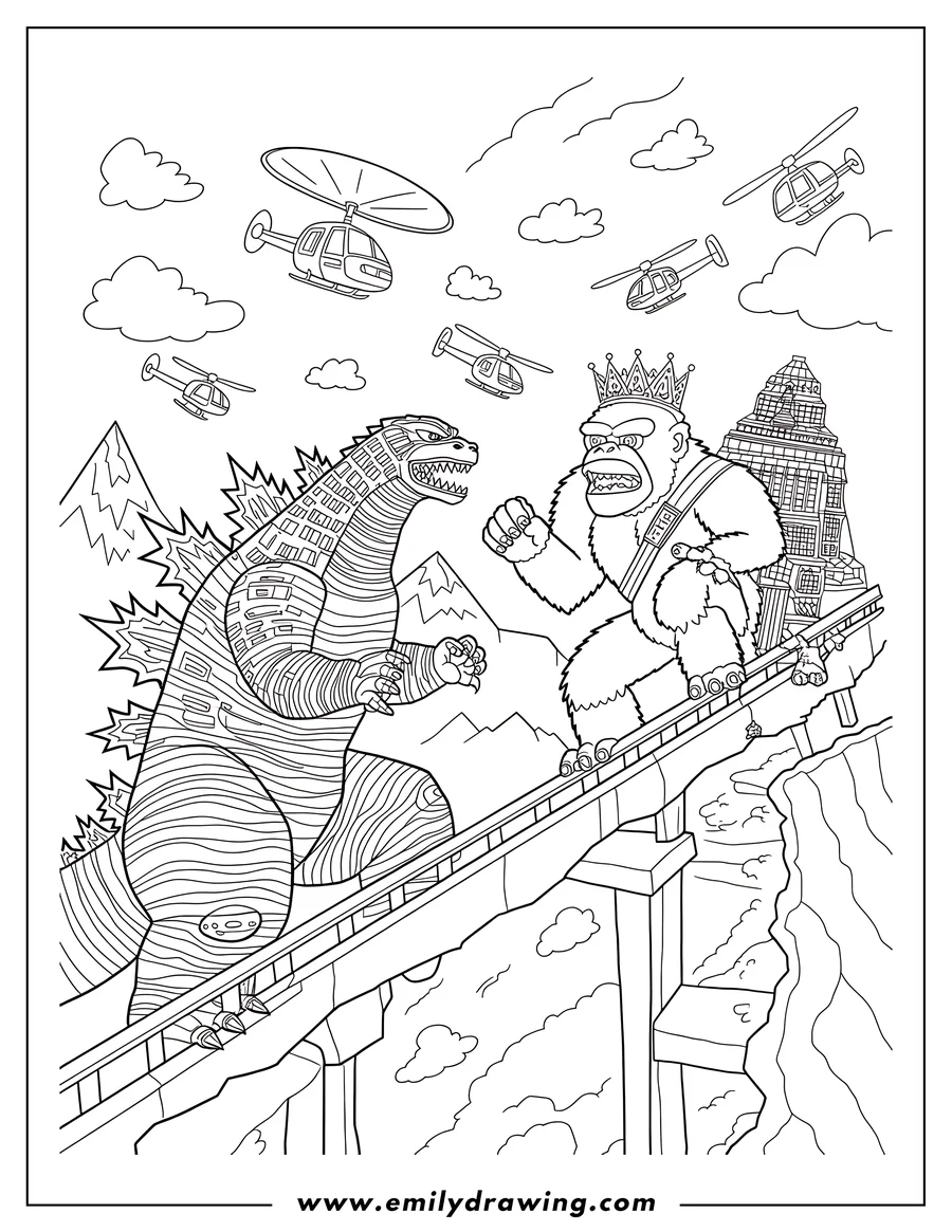 Line art illustration of Godzilla and King Kong fighting on a bridge, with helicopters flying overhead.