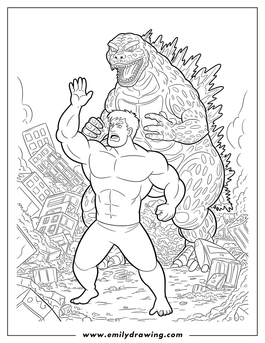 Line art of Godzilla and a muscular man facing off in a destroyed city. Godzilla roars, while the man raises his hands defensively amidst rubble.