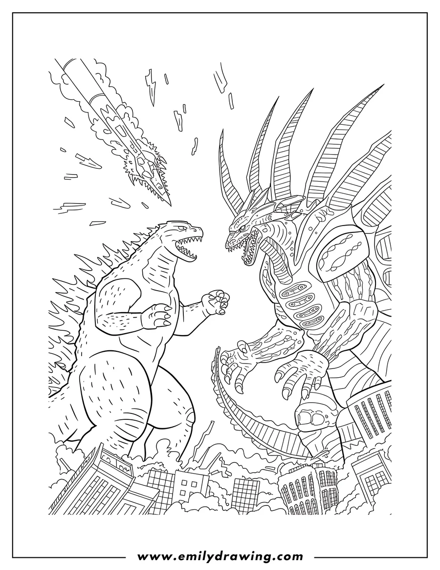Line art of Godzilla and Mechagodzilla fighting over a city. A missile flies overhead and buildings crumble below.