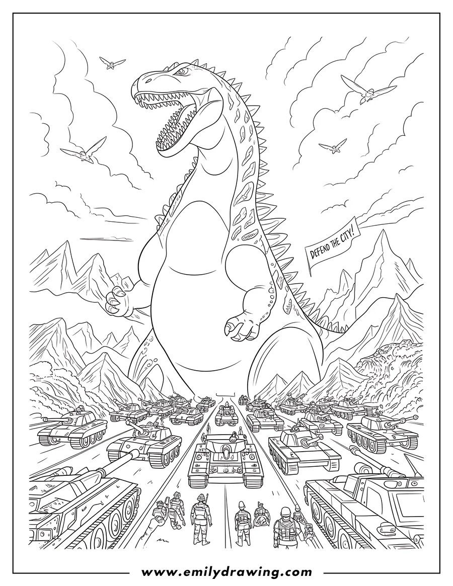 Line art of Godzilla looming over a fleet of tanks and soldiers. A banner reads