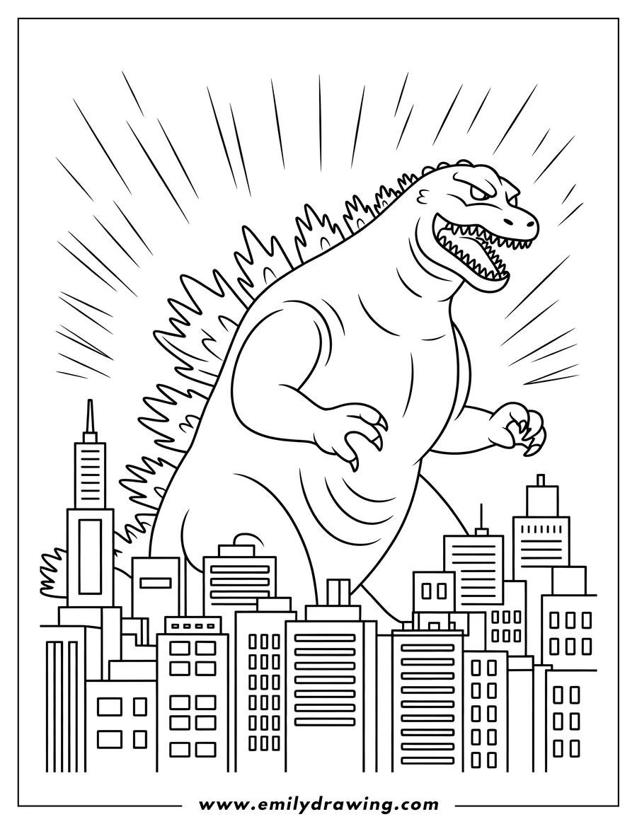 Line art of Godzilla towering over a city, about to attack.