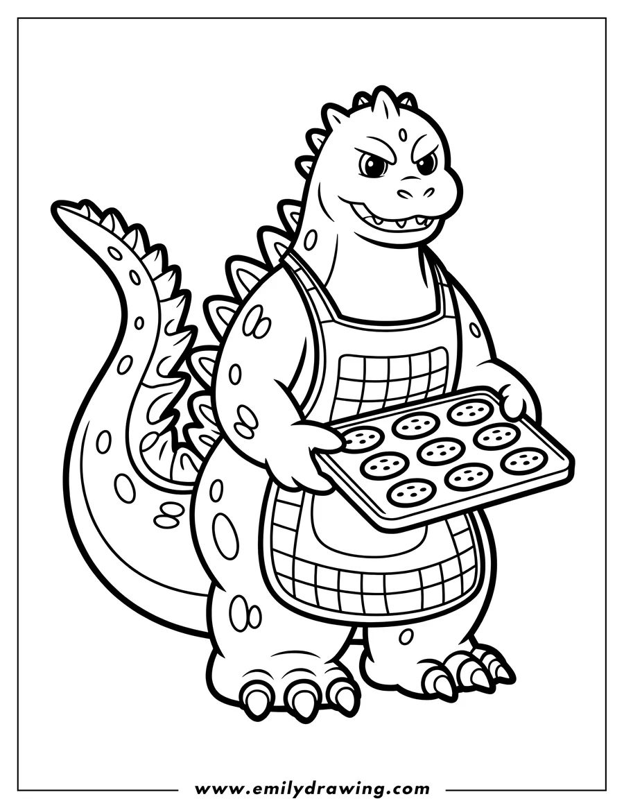 Line art of Godzilla wearing an apron and holding a tray of freshly baked cookies.