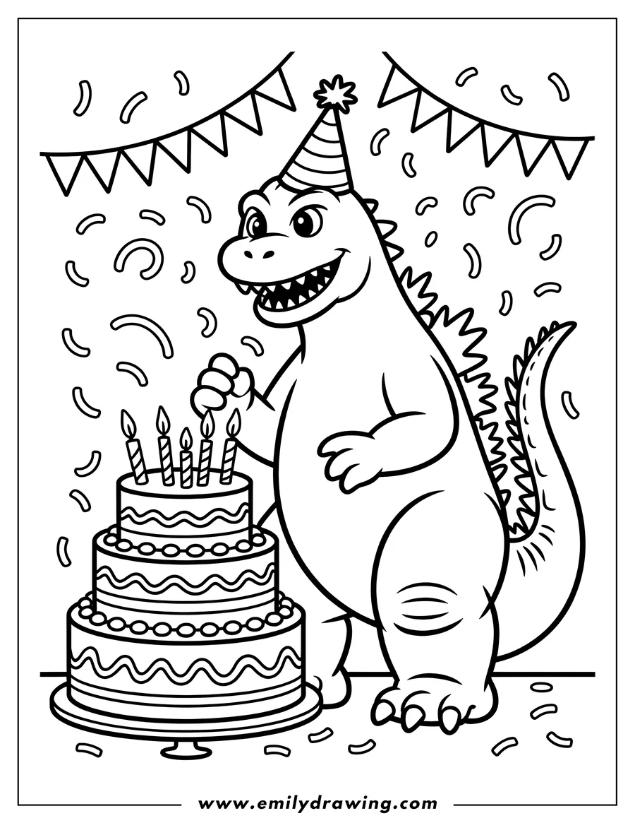 Line art of Godzilla with a birthday cake and party hat at his birthday party. He is about to blow out the candles on his cake. Streamers and confetti add to the festive scene.