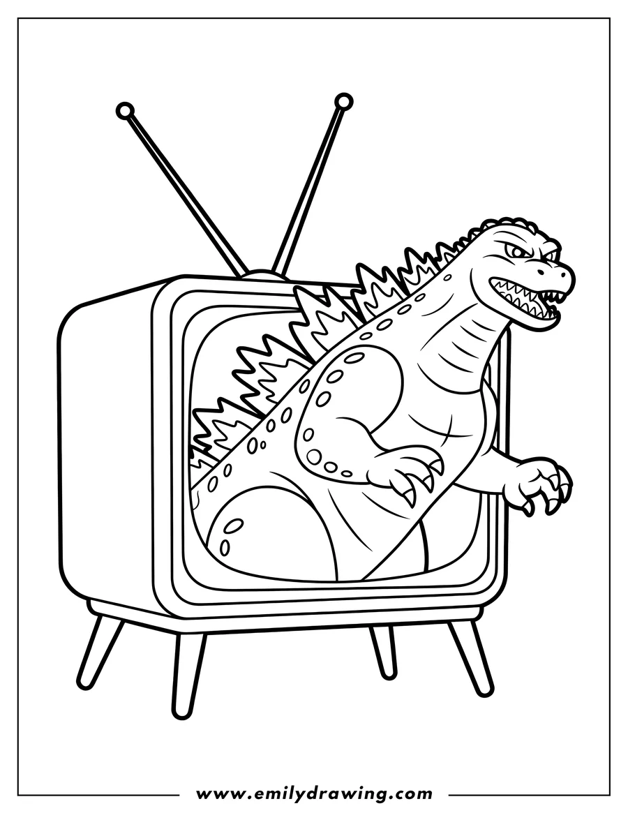 Line art of Godzilla emerging from a vintage television set.