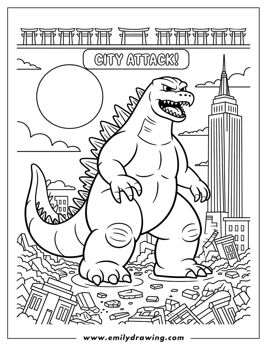 Line art of Godzilla destroying buildings in a city. He's large and imposing, with sharp claws and teeth. There's a tall building, rubble, and a full moon in the background.