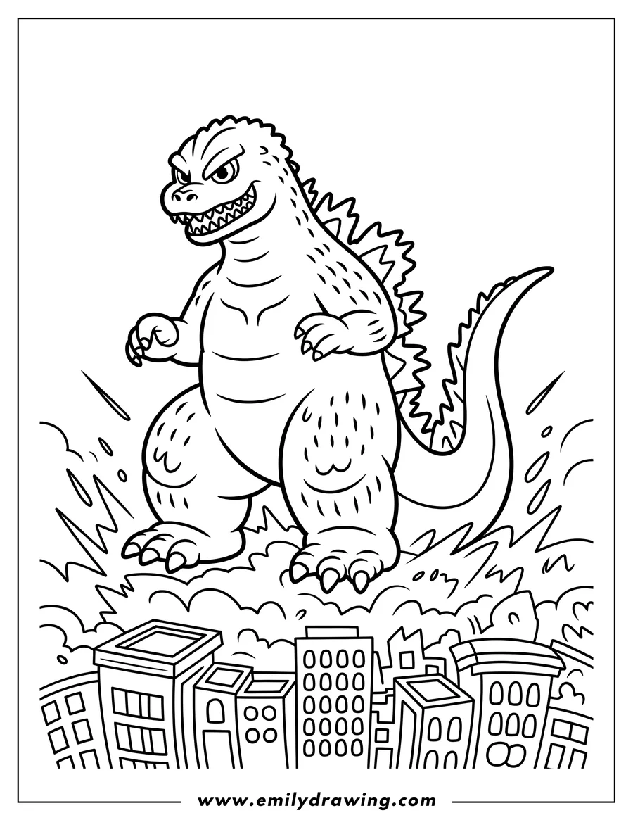 Line art of Godzilla destroying a city. He is large and looming over small buildings.