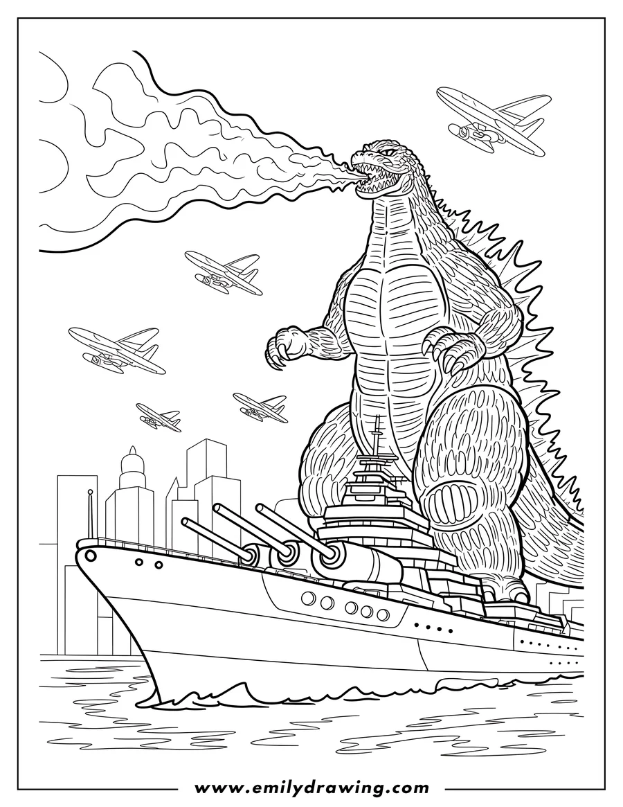 Line art of Godzilla destroying a warship with fire breath as airplanes fly above a city in the background.