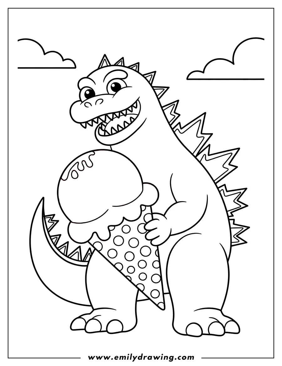 Line art of Godzilla holding and eating a large ice cream cone.