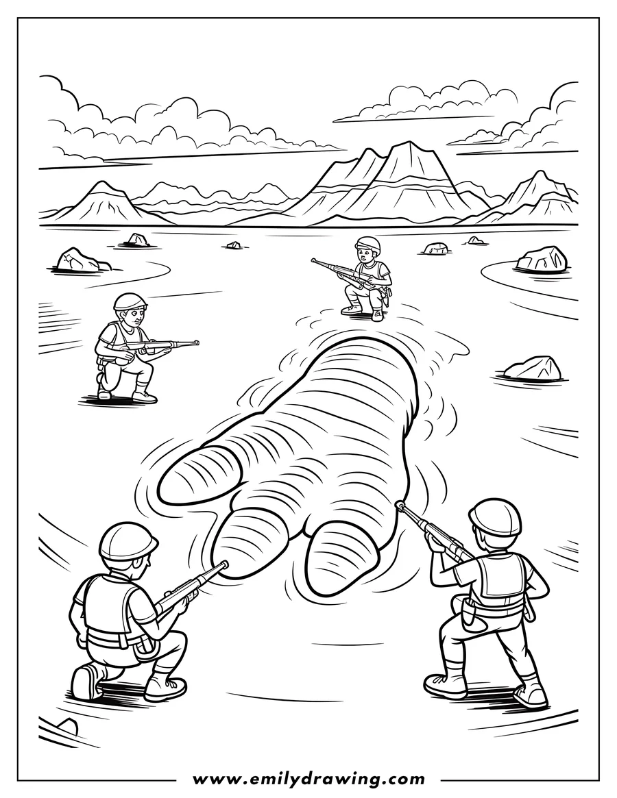 Line art of Godzilla's foot emerging from the water with soldiers aiming their guns at it.