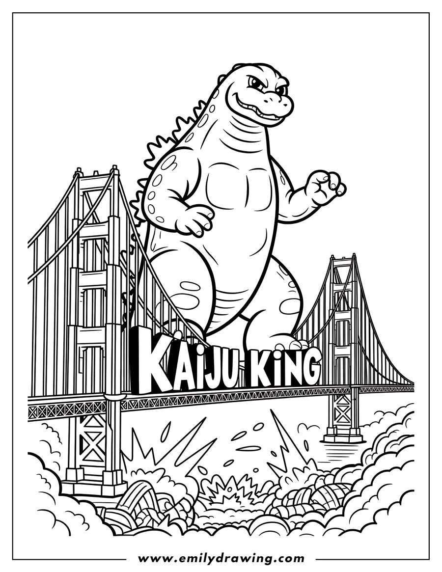 Line art of Godzilla standing by the Golden Gate Bridge with the words Kaiju King on the bridge. Smoke and debris rise below.
