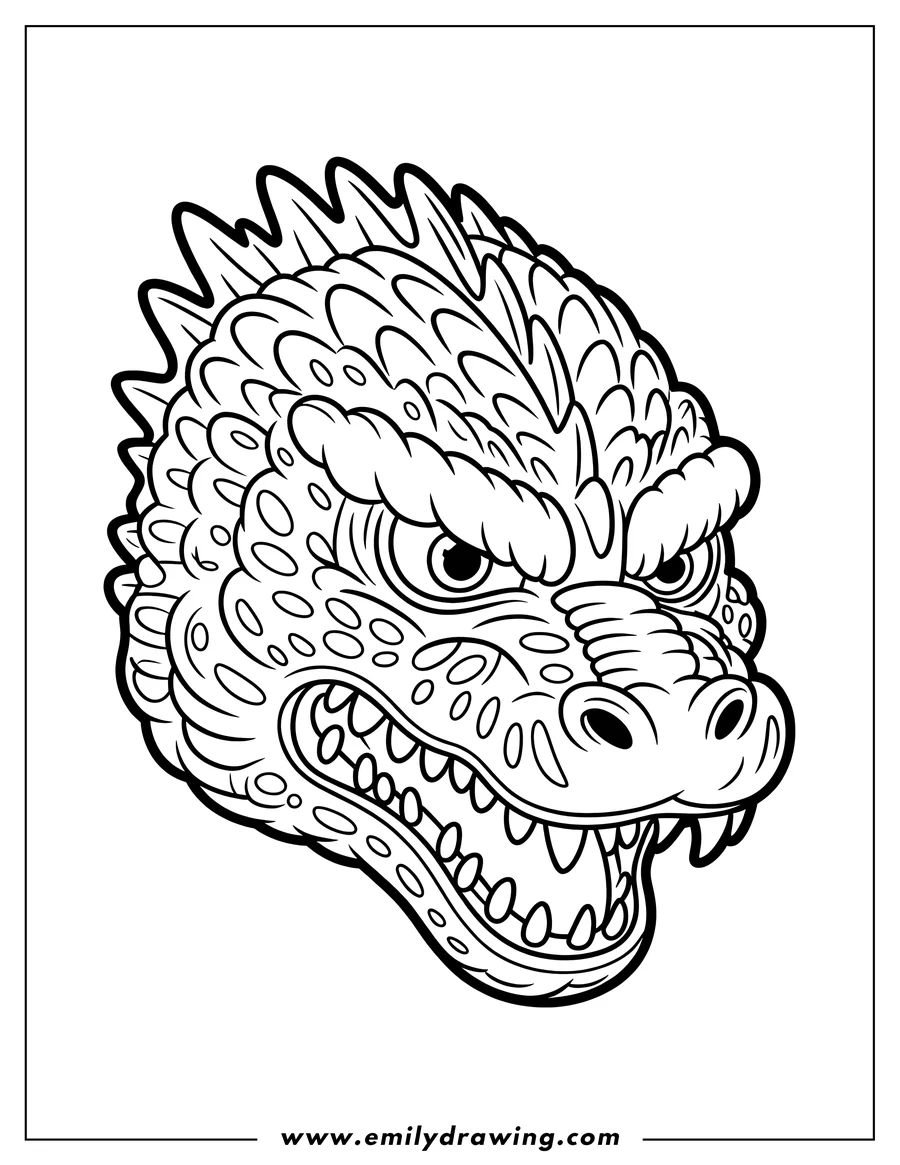 Line art of Godzilla's head, mouth open in a roar.
